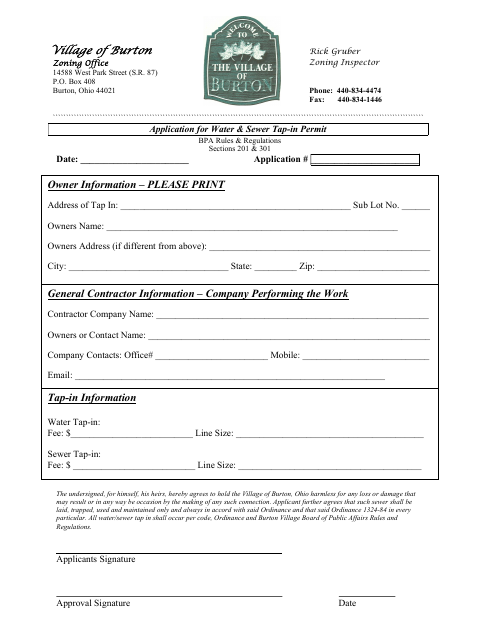 First page of the Application for Water & Sewer Tap-in Permit