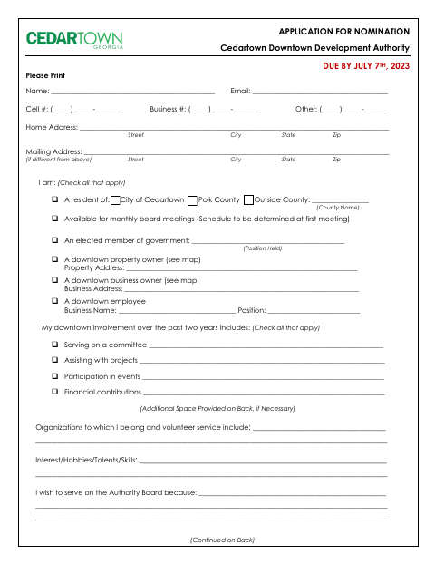 First page of the Downtown Development Authority Board Nomination Application