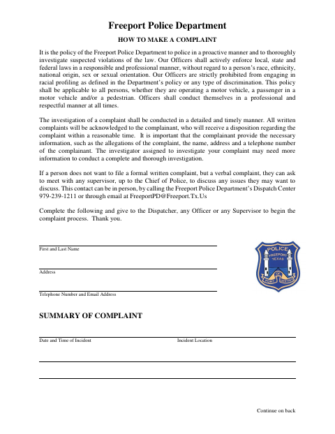 First page of the Police Department Complaint