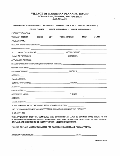 First page of the Planning Board Application and Owner Endorsement