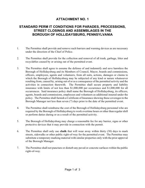 First page of the Standard Permit Conditions for Parades, Processions, Street Closings and Assemblages