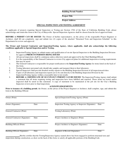 First page of the Special Inspection and Testing Agreement