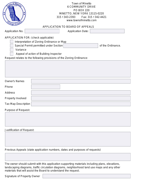 First page of the Application to Board of Appeals
