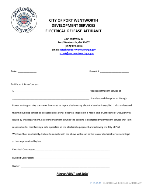 First page of the Electrical Release Affidavit