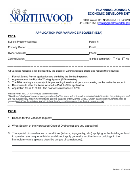 First page of the Application for Variance Request (BZA)
