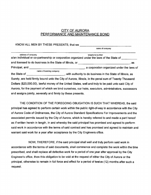 First page of the Performance and Maintenance Bond