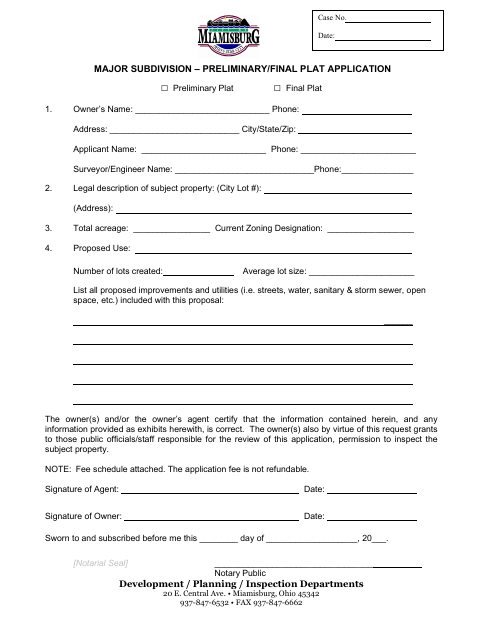 First page of the Major Subdivision Preliminary/Final Plat Application