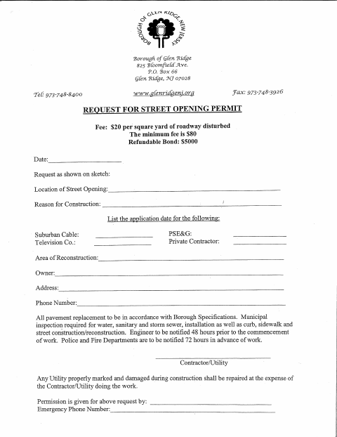 First page of the Street Opening Permit Request
