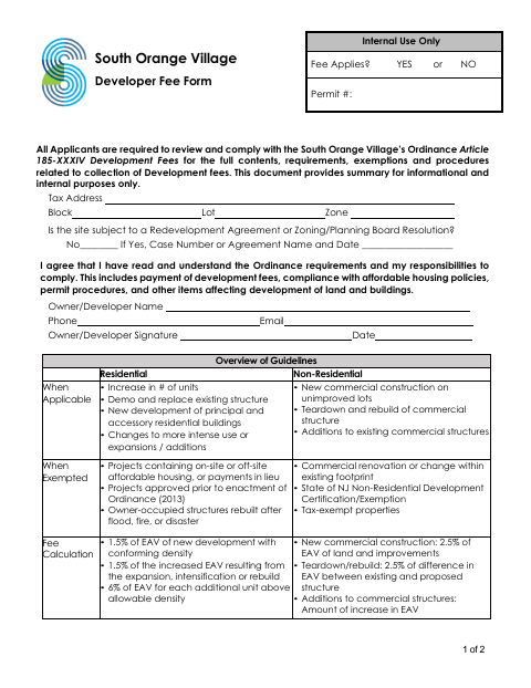 First page of the Developer Fee Form