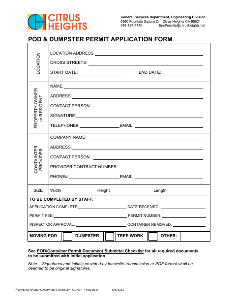 First page of the POD/Dumpster/Storage Container Application