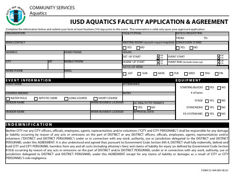 First page of the IUSD Aquatics Facility Application & Agreement