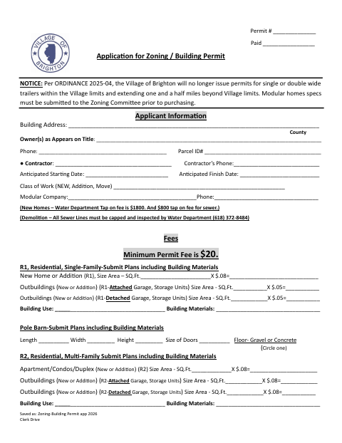 First page of the Zoning / Building Permit Application