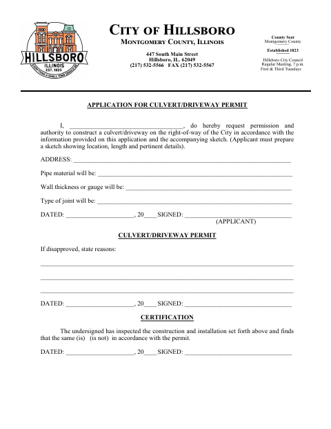 First page of the Culvert/Driveway Permit Application