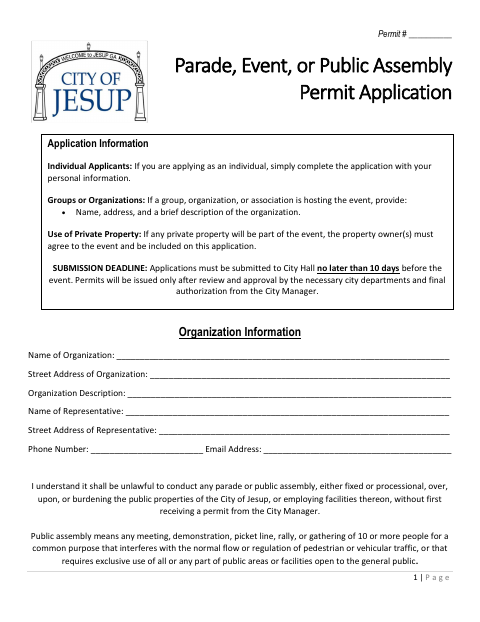 First page of the Event/Public Assembly/Parade Permit Application
