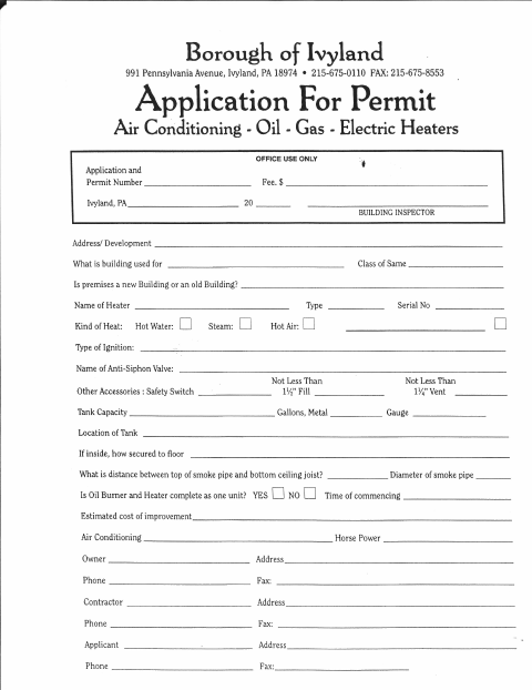 First page of the Air Conditioning, Oil, Gas, and Electric Heater Permit Application