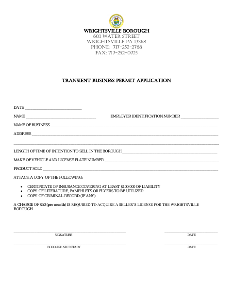 First page of the Transient Business Permit Application