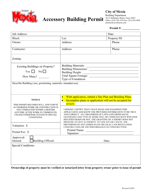 First page of the Accessory Building Permit Application