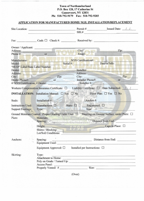First page of the Manufactured Home Installation or Replacement Application