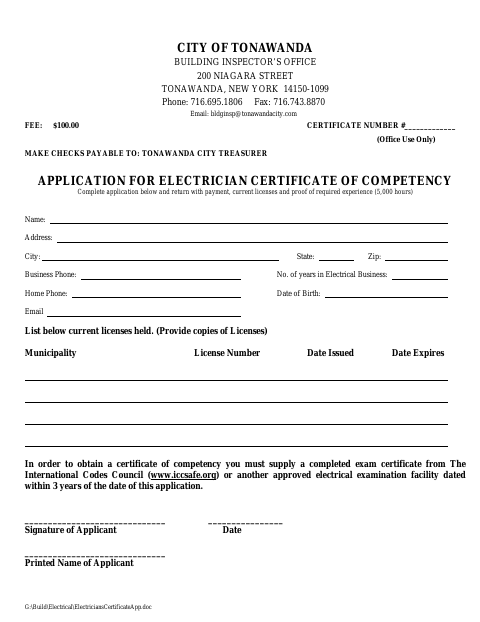 First page of the Application for Electrician Certificate of Competency