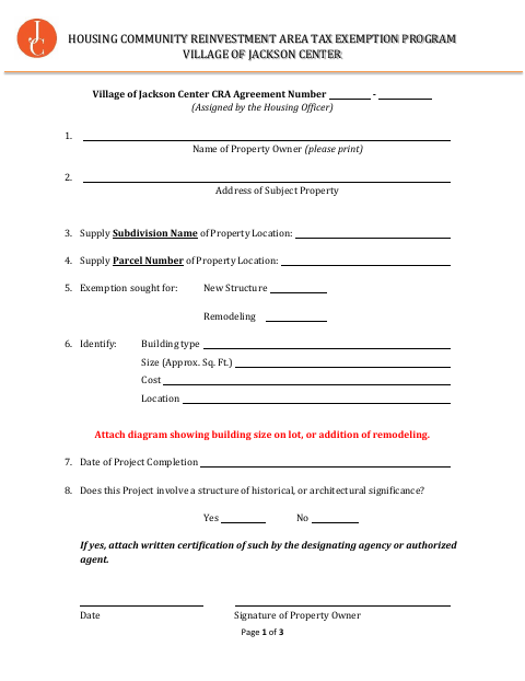 First page of the Housing Community Reinvestment Area Tax Exemption Program