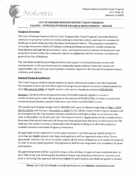 First page of the Business District Grant Application