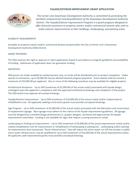 First page of the Façade/Exterior Improvement Grant Application