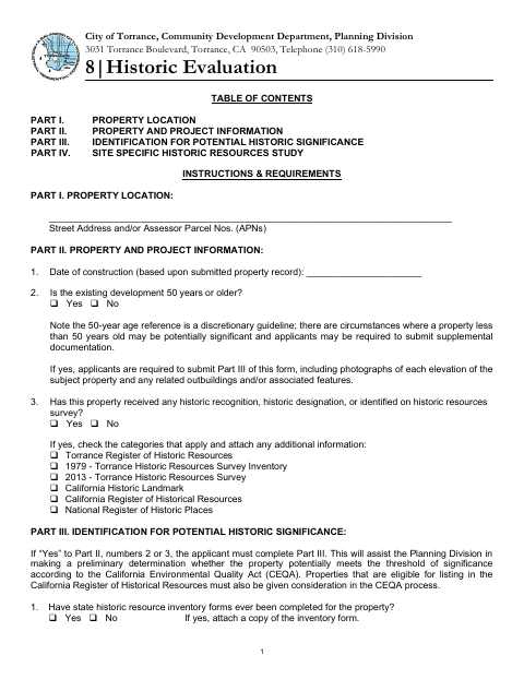 First page of the Historic Evaluation