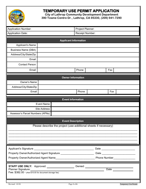 First page of the Temporary Use Permit Application