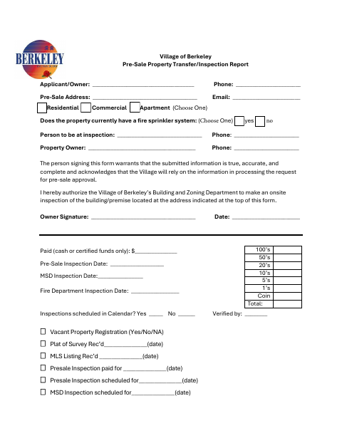 First page of the Pre-Sale Property Transfer/Inspection Report