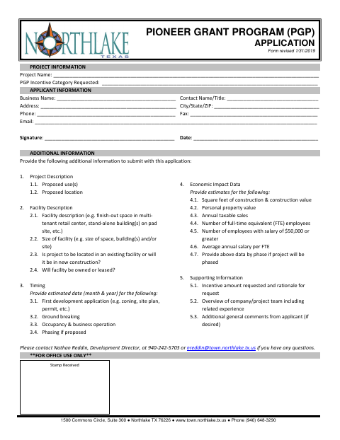 First page of the Pioneer Grant Program Application