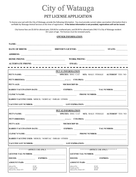 First page of the Pet License Application