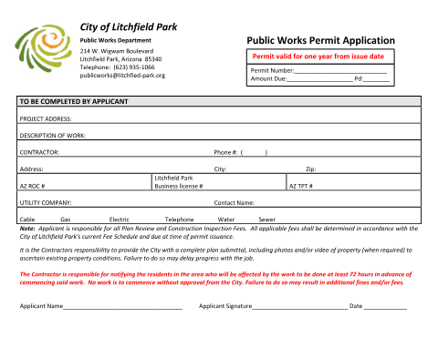 First page of the Public Works/Right-of-Way Permit Application - Contractor