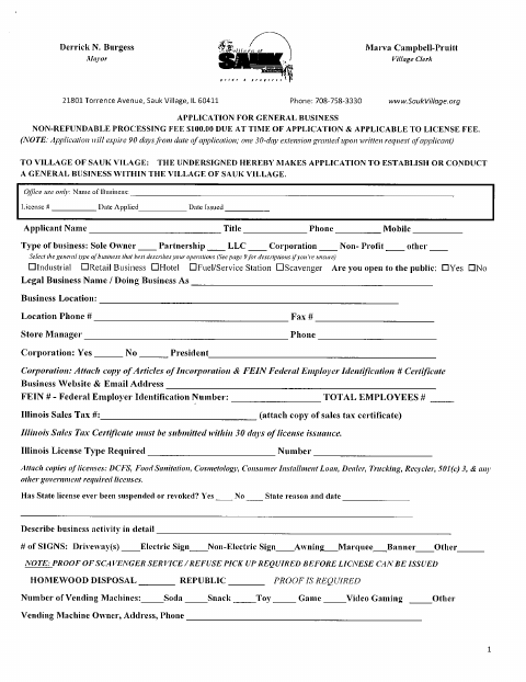 First page of the General Business License Application