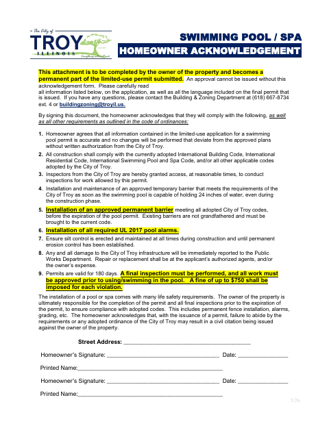 First page of the Swimming Pool/Spa Homeowner Acknowledgement