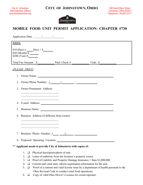 First page of the Mobile Food Unit Permit Application