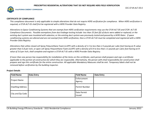 First page of the Prescriptive Residential Alterations That Do Not Require HERS Field Verification