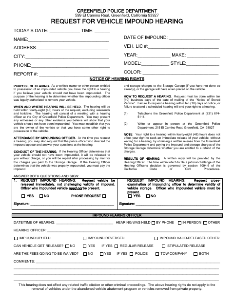 First page of the Request for Vehicle Impound Hearing