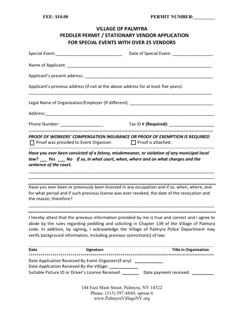 First page of the Peddler and Stationary Vendor Application for Special Events With Over 25 Vendors