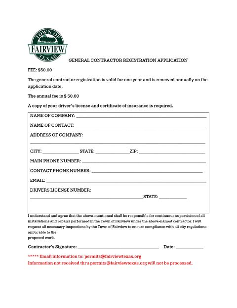 First page of the General Contractor Registration Application