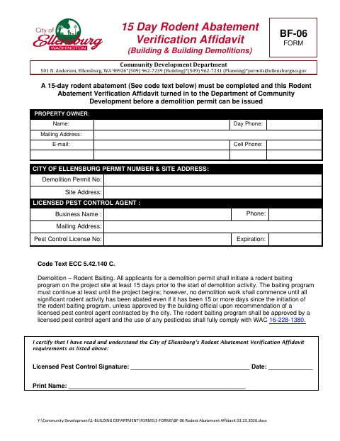 First page of the 15 Day Rodent Abatement Verification Affidavit