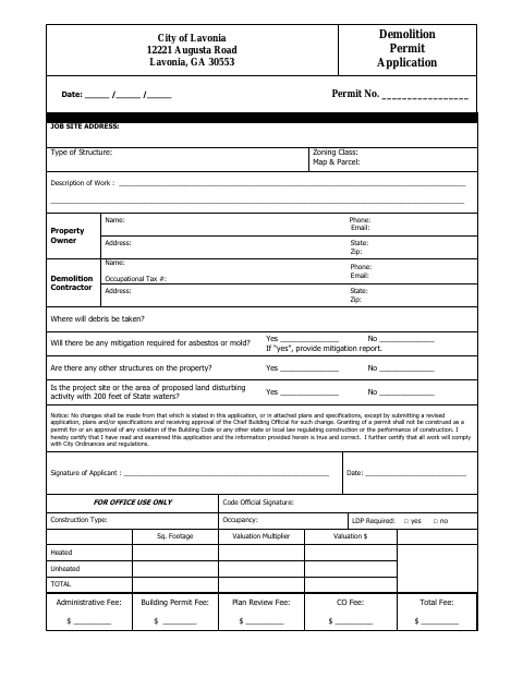 First page of the Demolition Permit Application