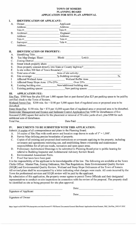 First page of the Site Plan Approval Application