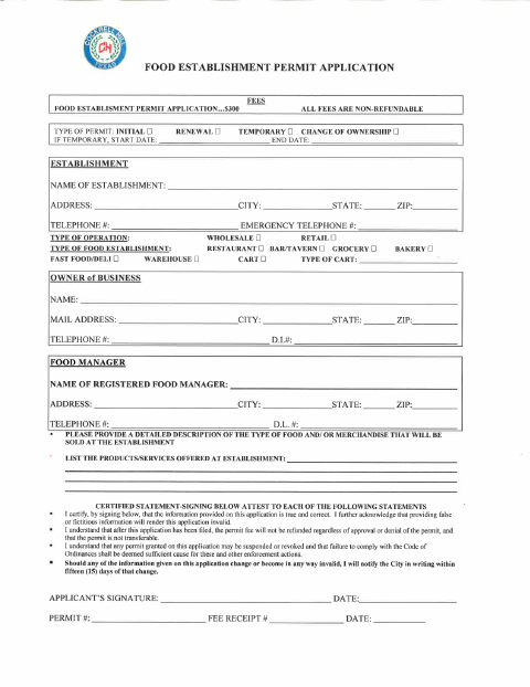 First page of the Food Establishment Permit Application