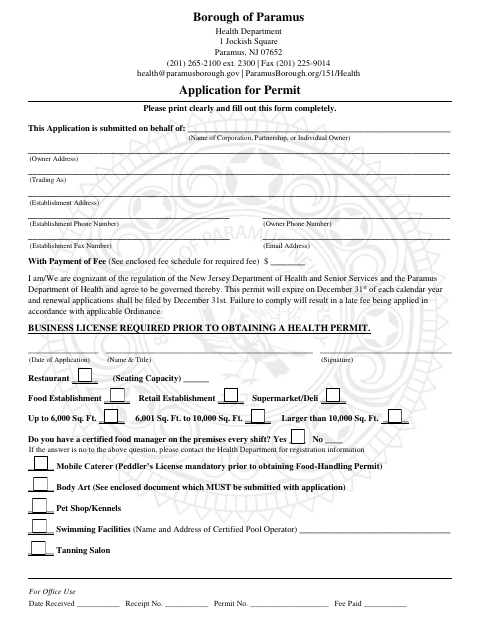 First page of the Health Department Application for Permit