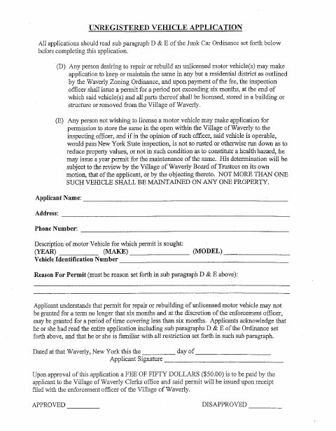 First page of the Unregistered Vehicle Application