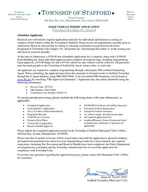 First page of the Food Vehicle Permit Application