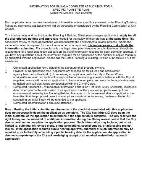 First page of the Specific Plan Site Plan Application