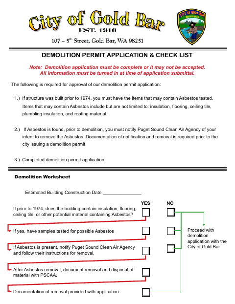 First page of the Demolition Permit Application & Check List