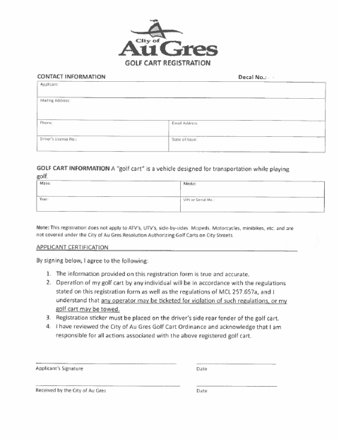 First page of the Golf Cart Registration