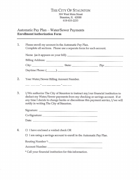 First page of the Water/Sewer Automatic Pay Plan Enrollment Form